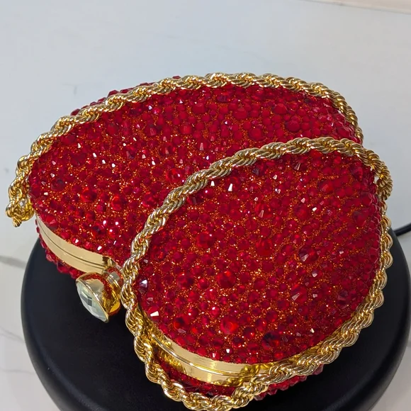 Women's Red Crystal Heart Evening Bag  Sparkly Rhinestone Clutch with Gold Chain - Picture 4 of 13